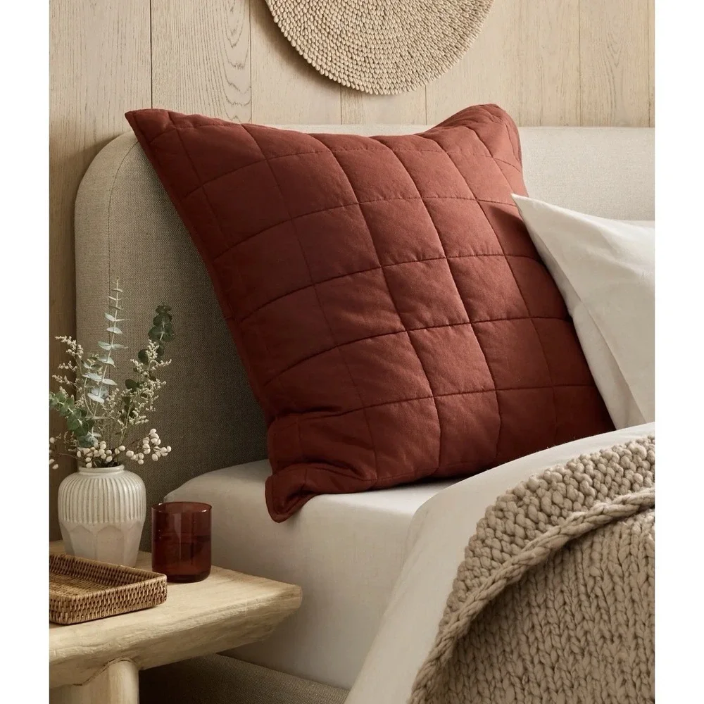 Quince 100% Linen Quilted Euro Pillow Sham Bordeaux 26x26 Square NWOT Eurosham
